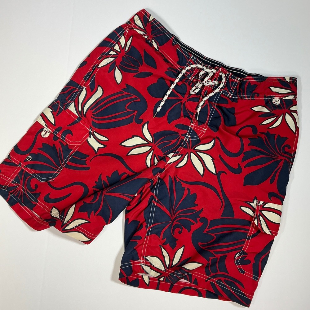 Lands' End Floral Swim Trunks Cargo Pockets‎ Elastic Waist Red Blue M